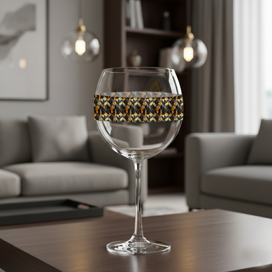 Aged Elegance balloon wine glass with a black and bronze patterned base on a kitchen counter