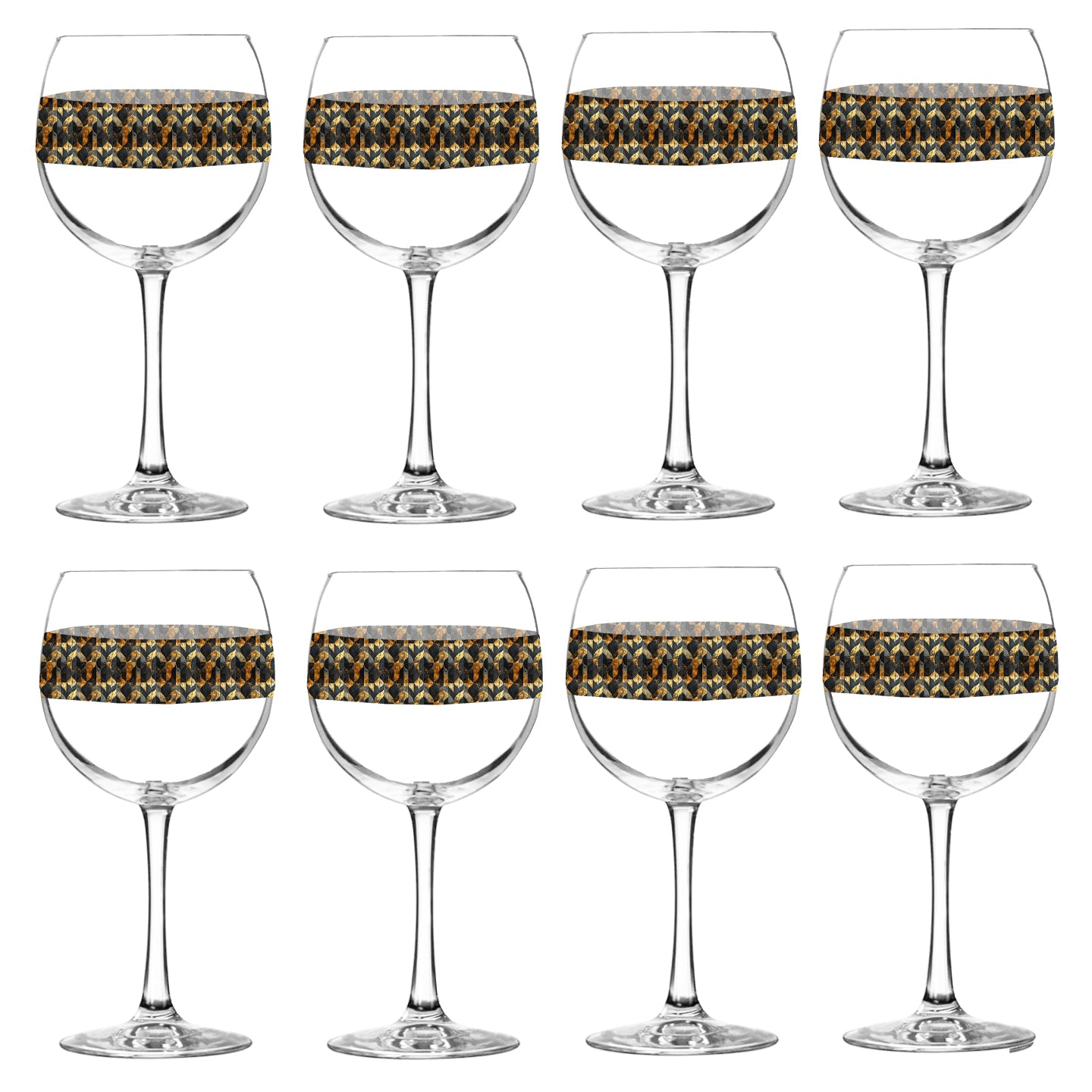 Set of eight balloon wine glasses with charcoal and bronze geometric design on a white background