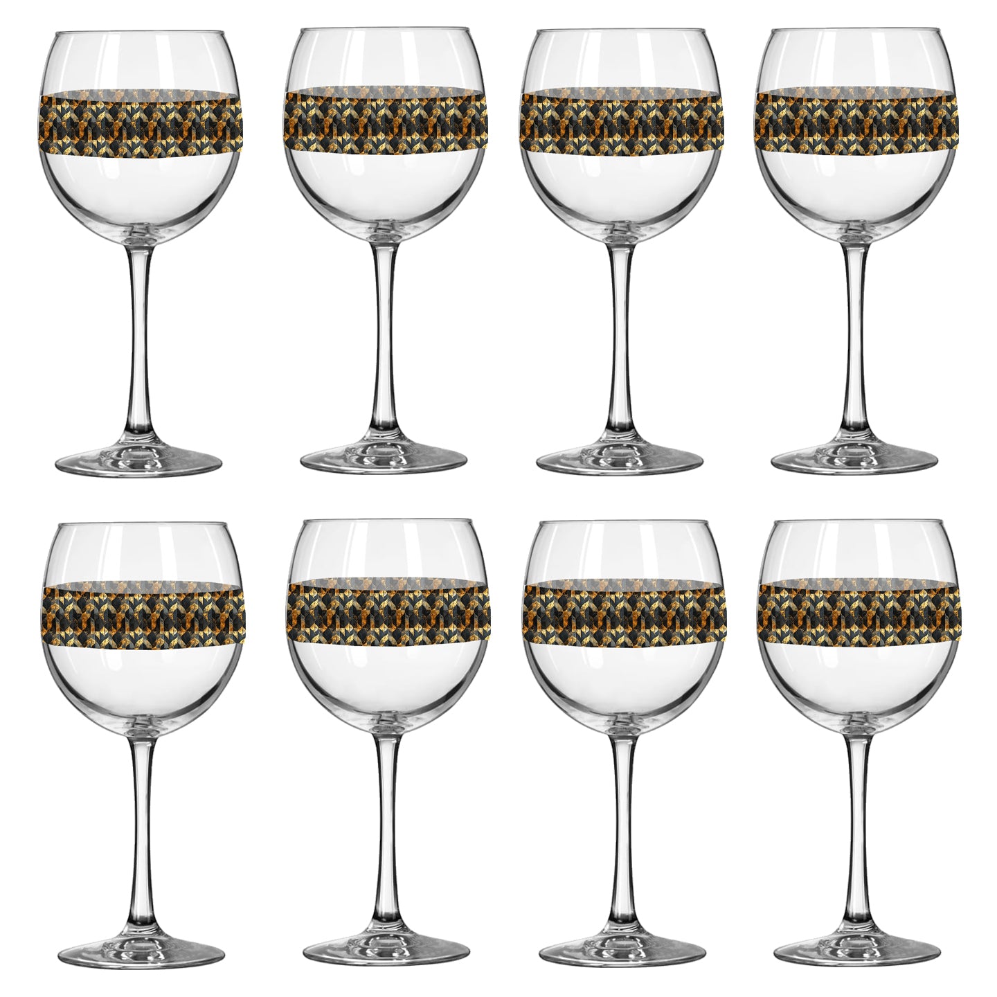 Set of eight balloon wine glasses with charcoal and bronze geometric design on a white background