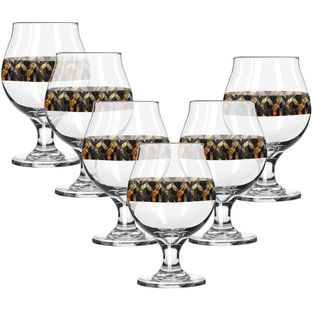 Set of six Belgian beer glasses with charcoal and bronze geometric design on a white background