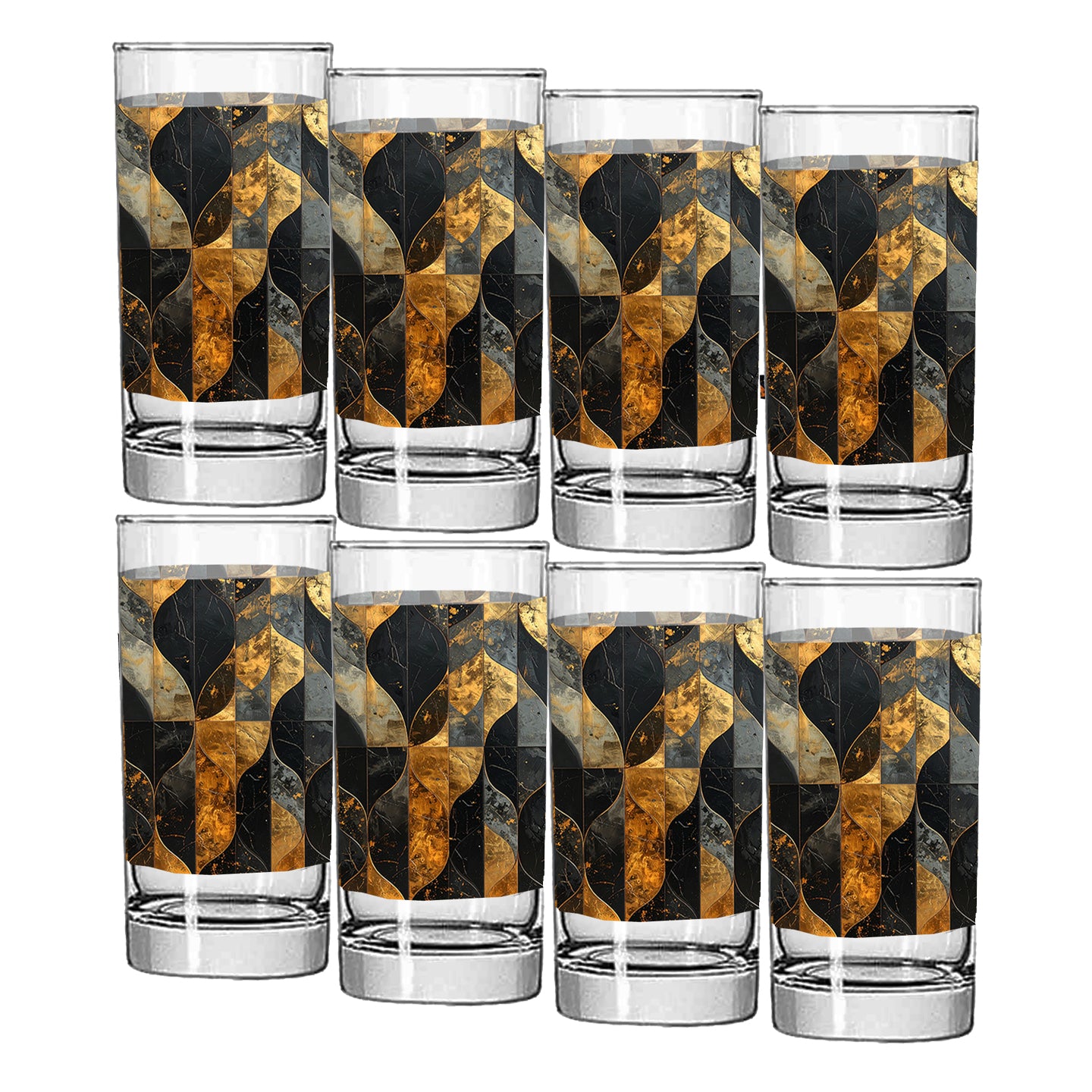 Set of eight highball glasses with a charcoal and bronze geometric design on a white background