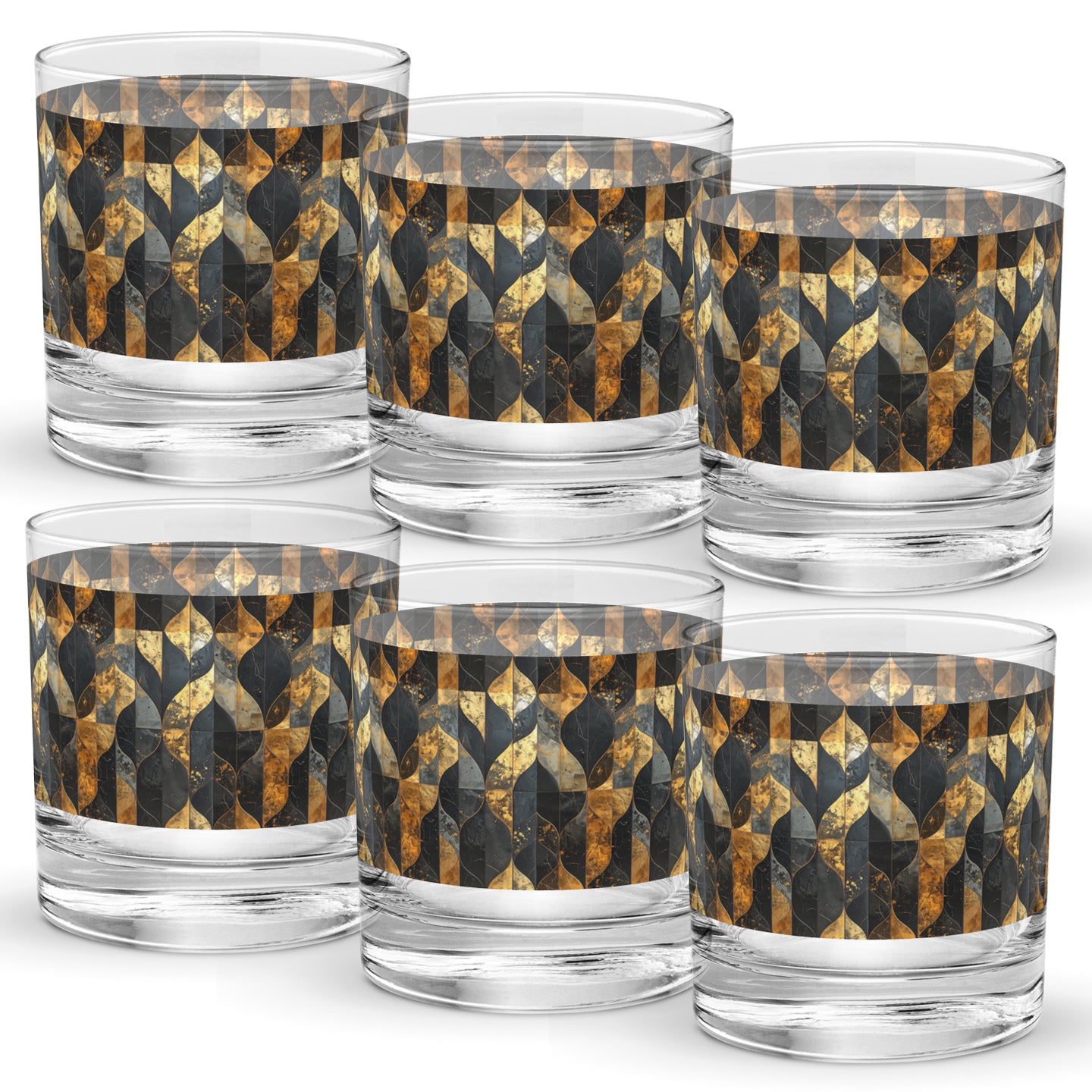Set of six rock glasses with charcoal and bronze geometric design on a white background