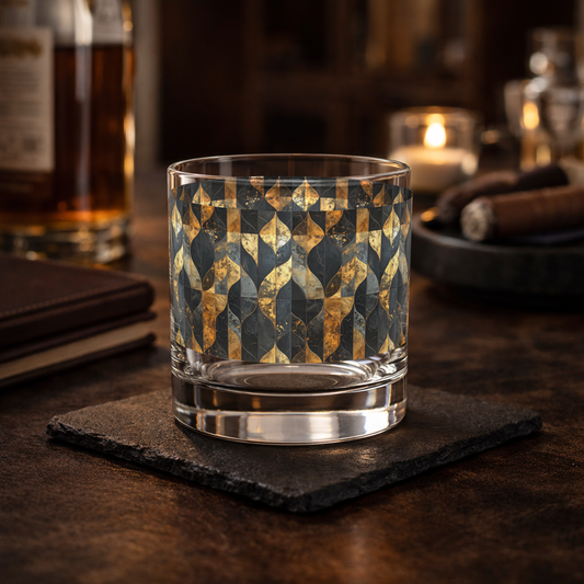 Aged Elegance rocks glass with a geometric charcoal and bronze pattern on a dark marble surface with cigar and bottle of whiskey background