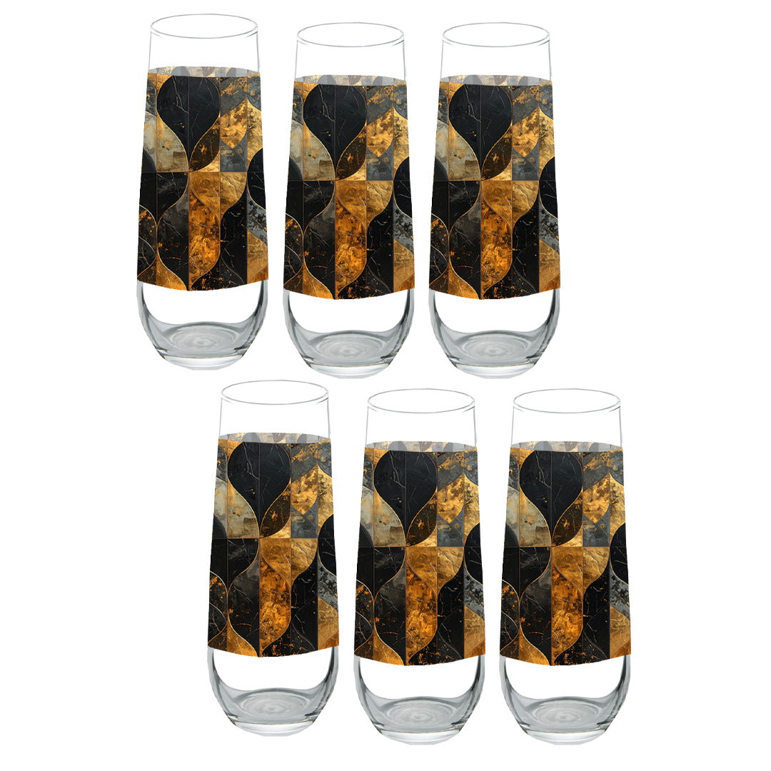 Set of six stemless champagne glasses with charcoal and bronze geometric design on a white background