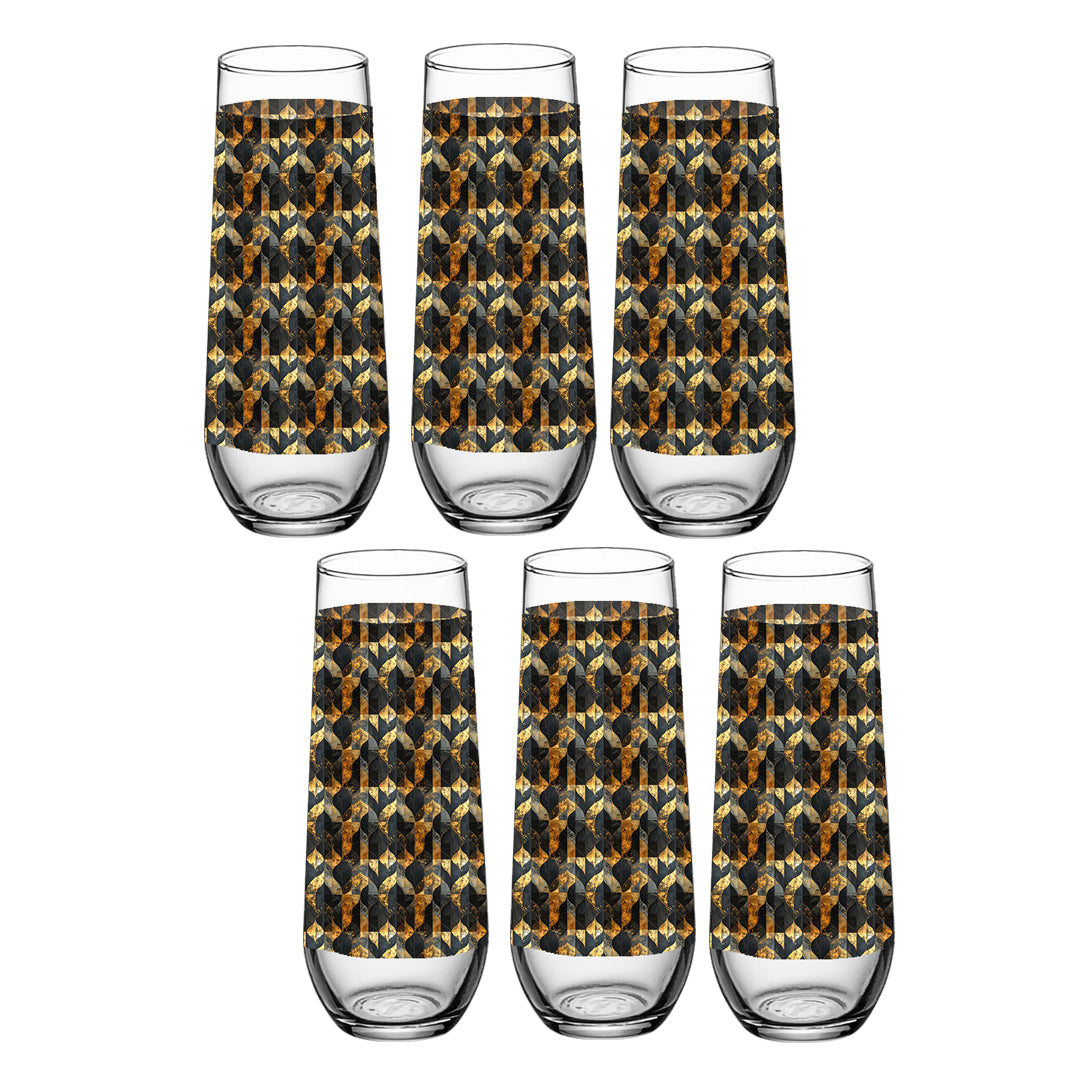 Set of six stemless champagne glasses with charcoal and bronze geometric design on a white background