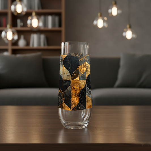 Aged Elegance stemless champagne glass with charcoal and bronze geometric pattern on a wood coffee table with modern sofa and bookcase in background