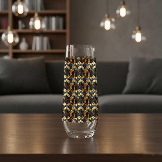 Aged Elegance stemless champagne glass with charcoal and bronze geometric pattern on a wood coffee table with modern sofa and bookcase in background