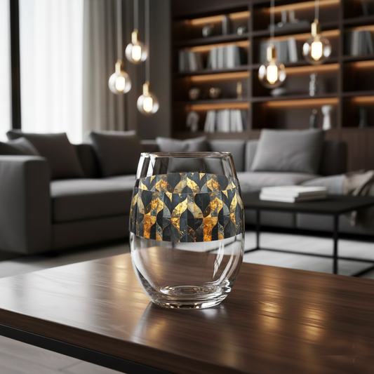 Aged Elegance stemless wine glass with charcoal and bronze design on wood table wtih modern gray sectional and bookcases in background