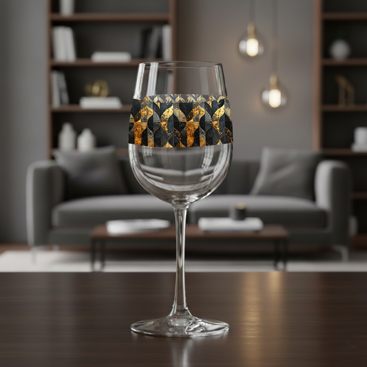 Aged Elegance tall wine glass with bronze and charcoal on a wood surface with a modern sofa and bookcases in background