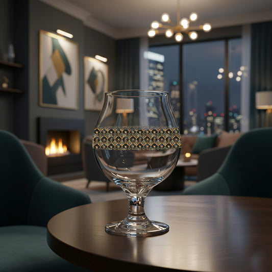 Astral Glow Belgian beer glass with a black and bronze design sitting on a table in a modern setting.