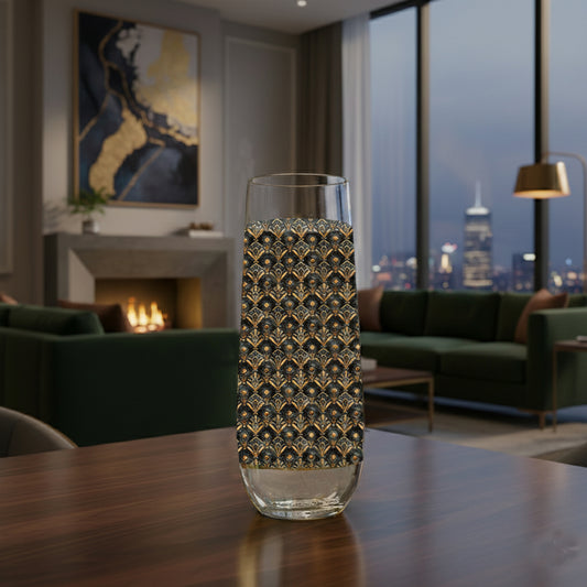 Astral Glow stemless champagne glass with a black and bronze design sitting on a marble coffee table in a modern living room.