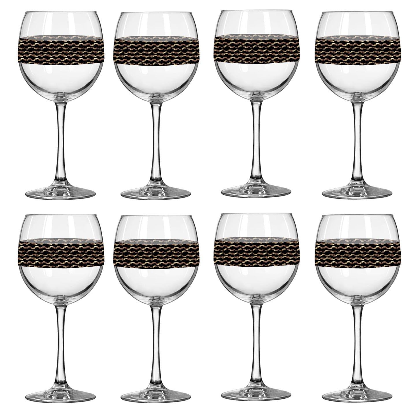 Set of eight wine glasses with decorative black bands on a white background