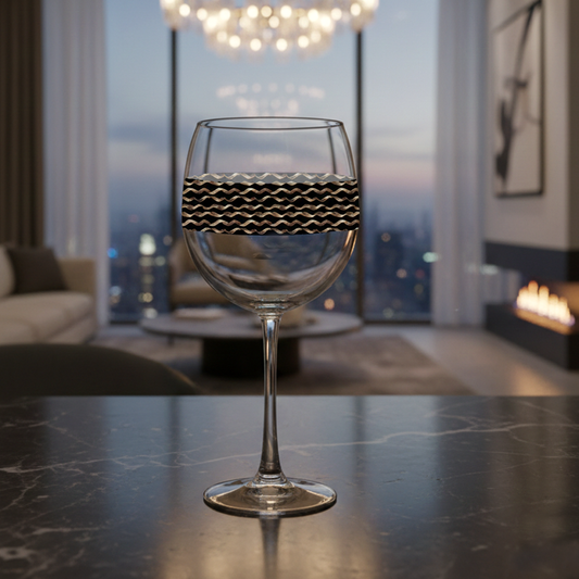 Liquid Gold balloon wine glass with black and gold wavy design on a marble counter in a modern living room with fireplace, art, sofa and window with panoramic city view