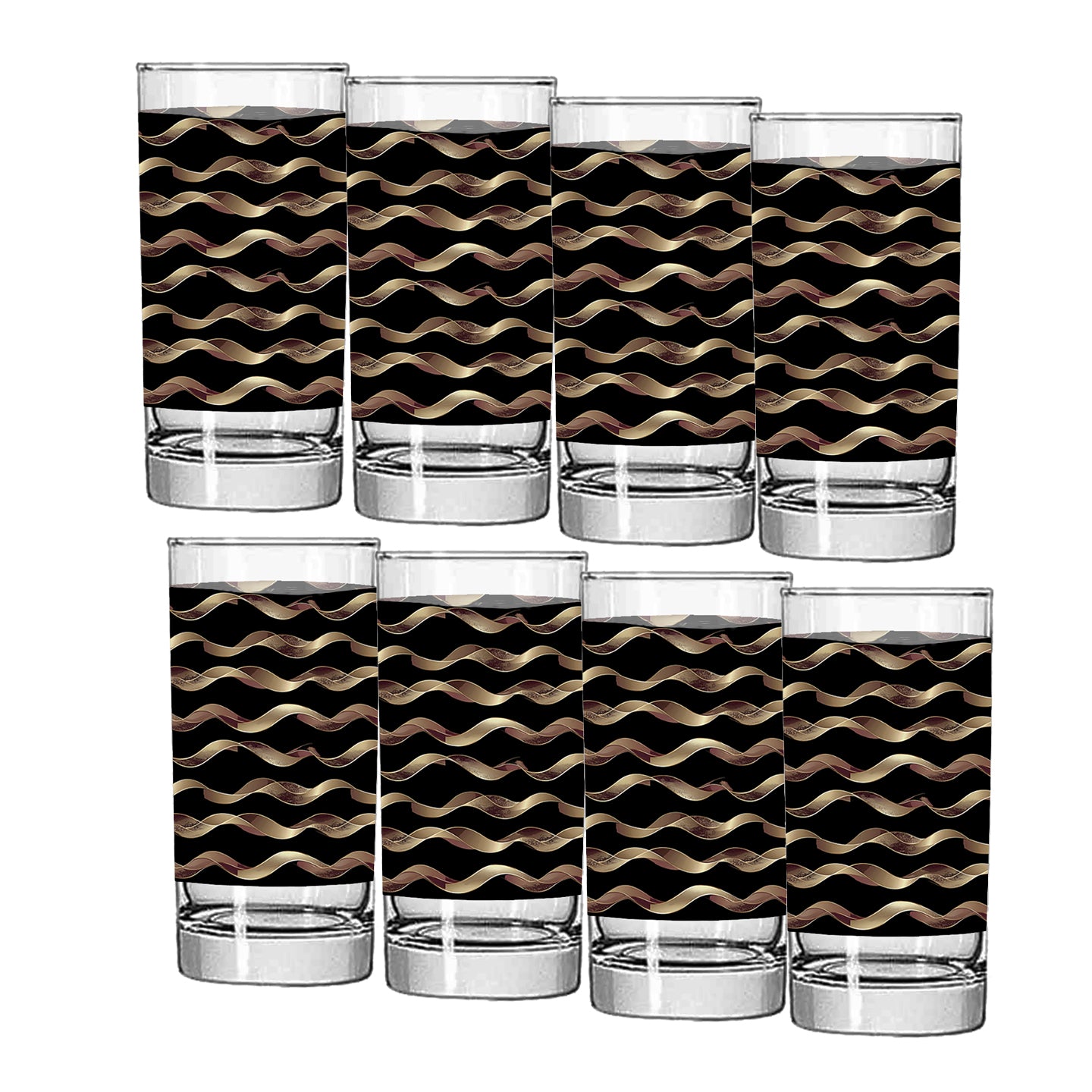 Set of highball glasses with black and gold wavy pattern on a white background
