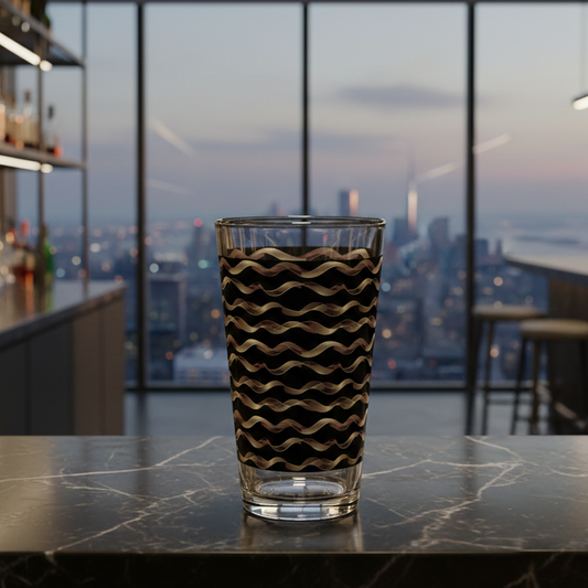 Liquid Gold pint beer glass with gold and black wavy design on a marble kitchen counter with blurred background.