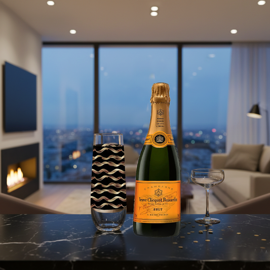 Liquid Gold stemless champagne glass with black and gold wavy design on a marble kitchen counter with blurred background.