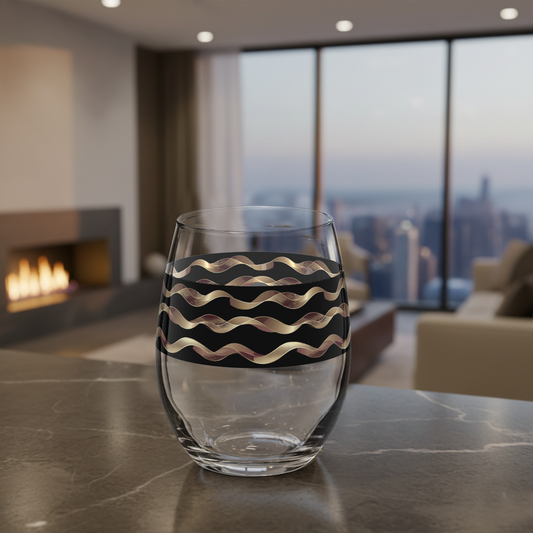 Liquid Gold stemless wine glass with black and gold wavy design on a marble surface with blurred kitchen background.