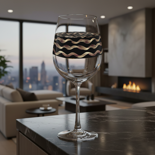Liquid Gold tall wine glass with black and gold wavy design on a dark marble counter in a modern living room with large window of city views, a fireplace and sectional