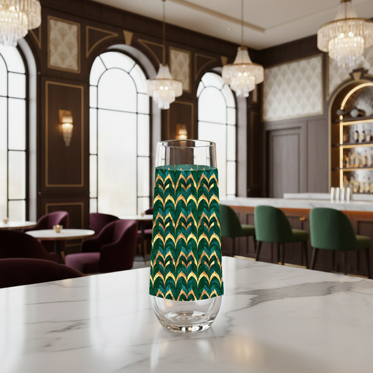 Emerald Royale stemless champagne flute in a green and gold art deco design in an elegant bar setting.