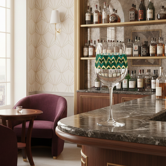 Emerald Royale tall wine glass in a green and gold pattern on a bar counter with bottles and a chair in the background