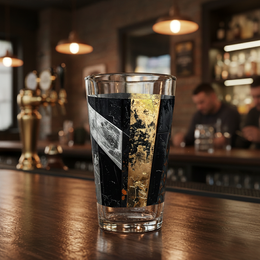 Fresco Fragments pint beer glass in a black, gold, and silver design sitting on a bar in a rustic speakeasy