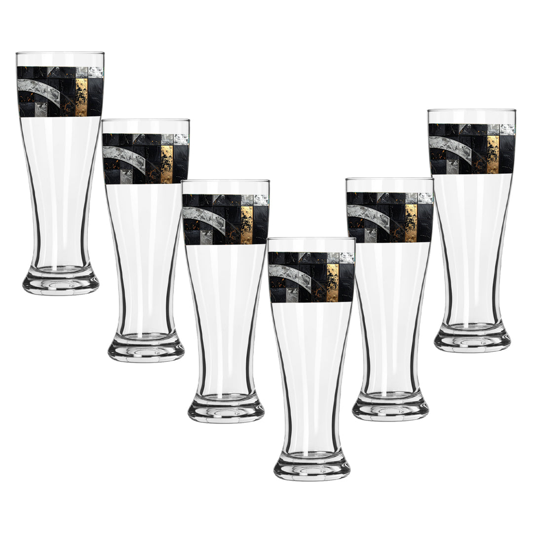 Set of six Fresco Fragments pilsner glass with a black, silver and gold design on a white background