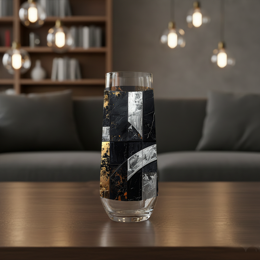 Fresco Fragments stemless champagne glass with black, silver and gold pattern on wood table with a champagne bucket and a blurred home bar in background