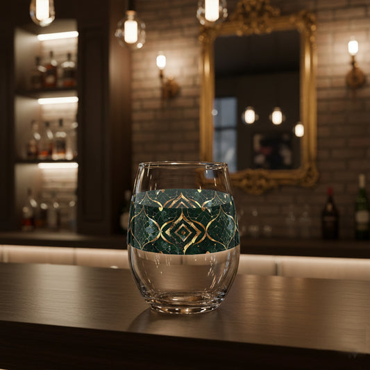 Malachite Enigma stemless wine glass with dark green and gold design on a bar counter with mirror. lights, and liquor bottles in background