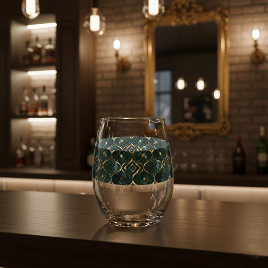 Malachite Enigma stemless wine glass with dark green and gold design on a bar counter with mirror. lights, and liquor bottles in background