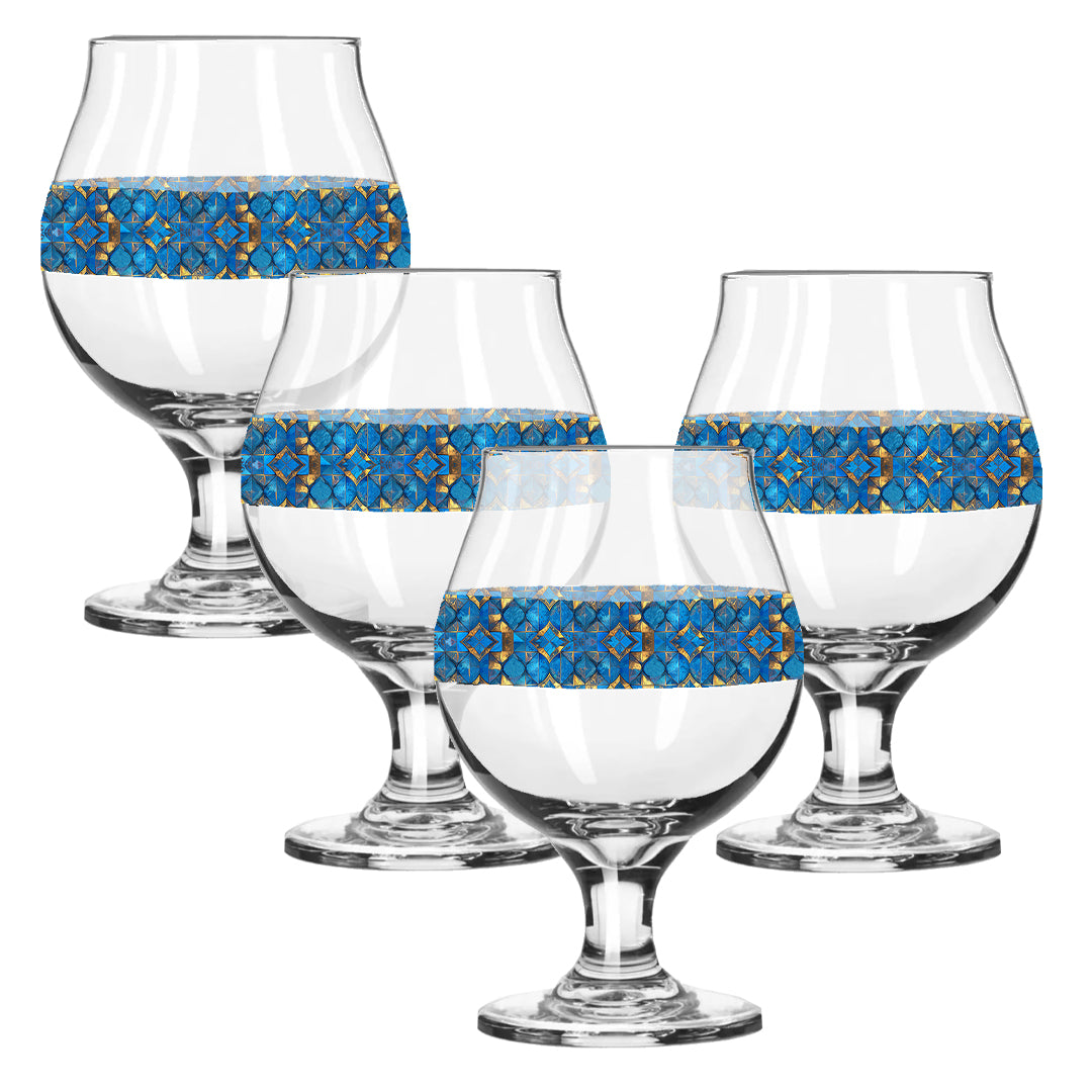 Set of six Belgian beer glasses with turqoise and gold geometric design on a white background