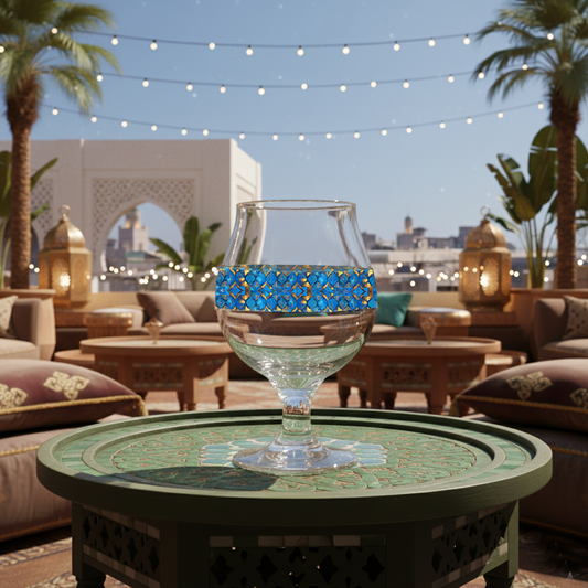 Moroccan Treasure Belgian glass of beer with blue and gold geometric design on a Moroccan wood table and outdoor resort setting with palm trees in the background