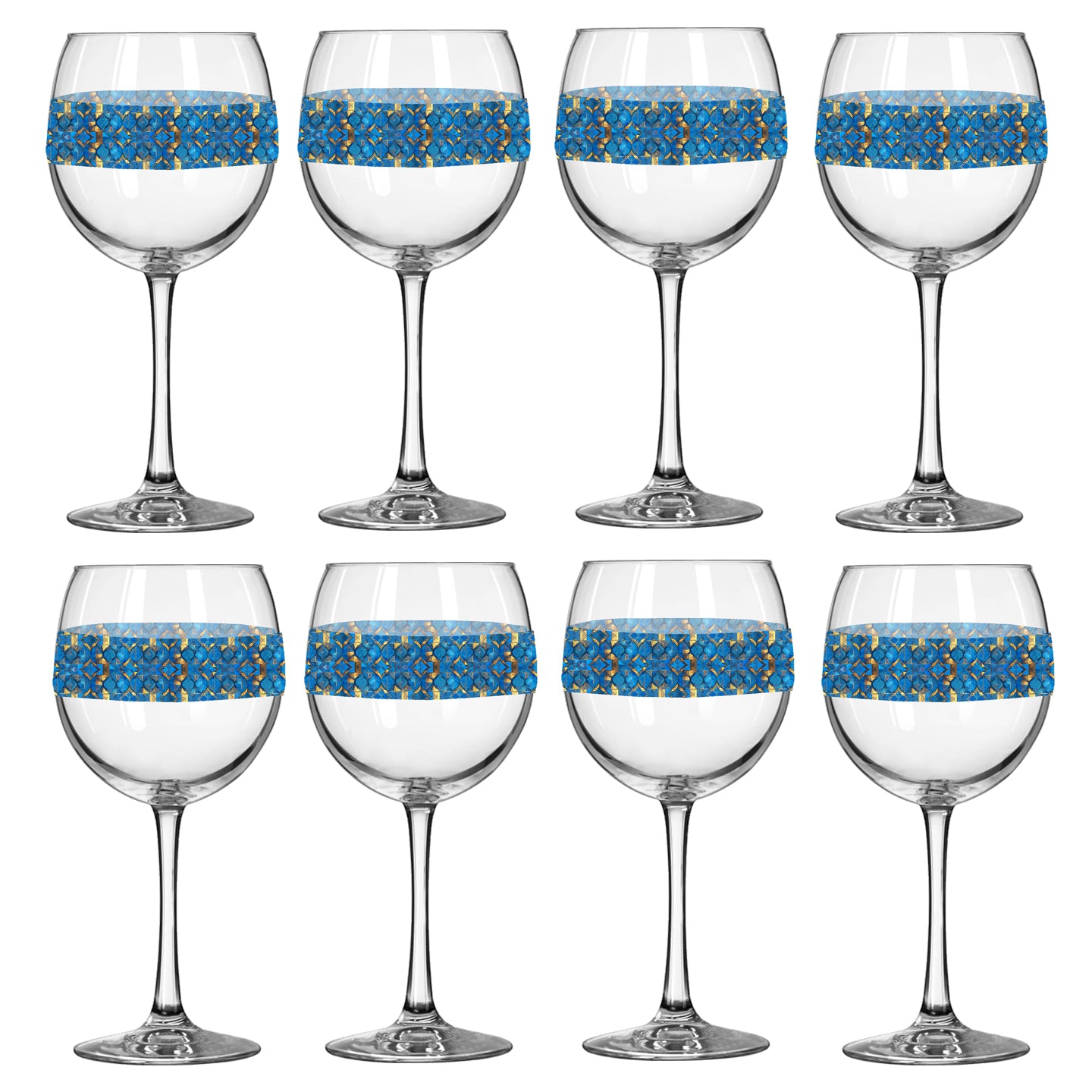 Set of eight balloon wine glasses with turqoise and gold geometric design on a white background