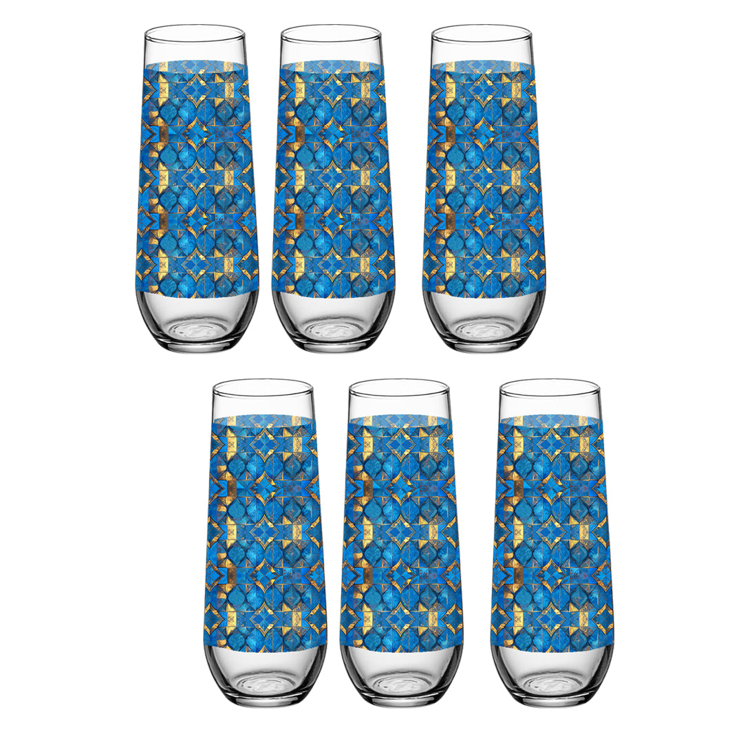 Set of six stemless champagne glasses with turqoise and gold geometric design on a white background