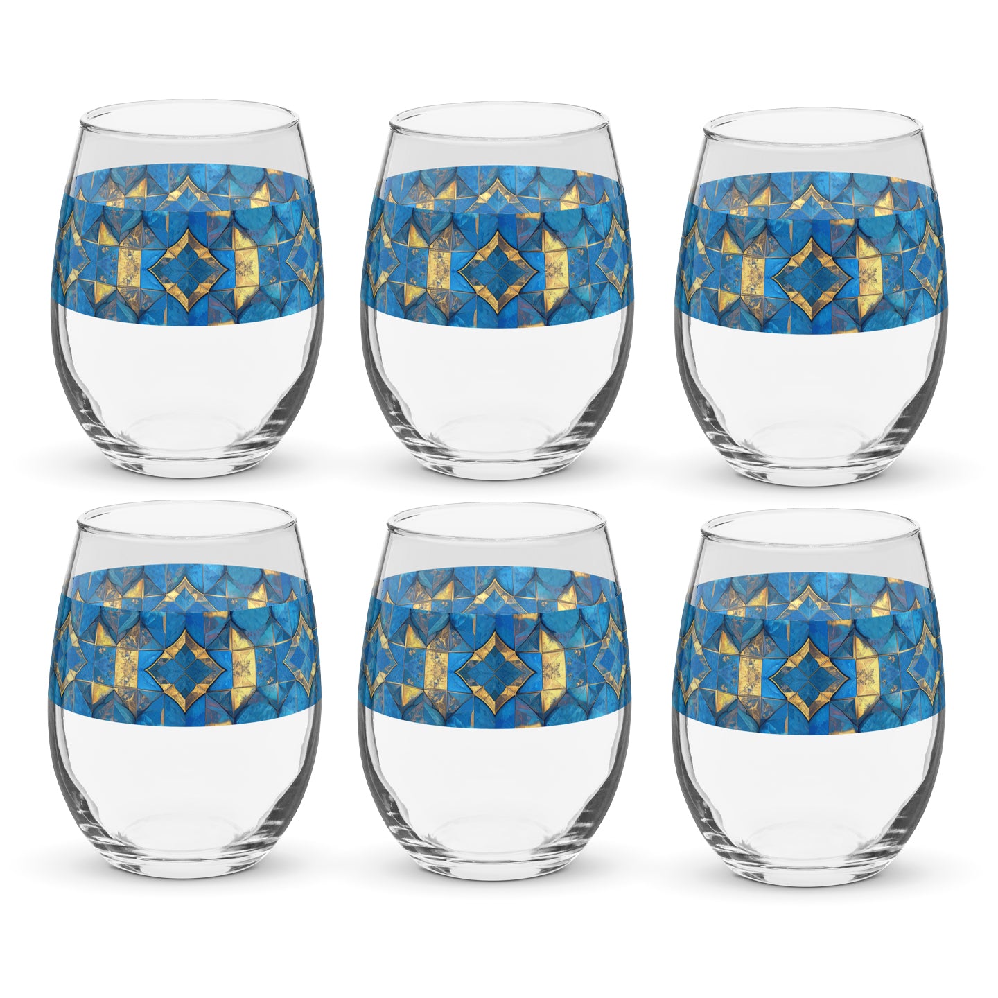Set of six clear stemless wine glasses with turqoise and gold geometric design on a white background