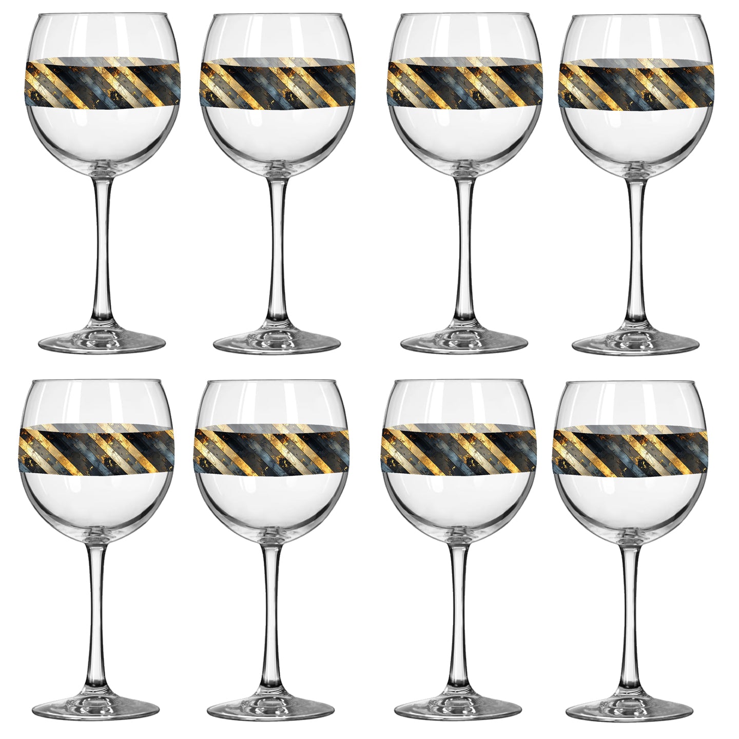 Set of eight balloon wine glasses with decorative black and gold stripes on a white background