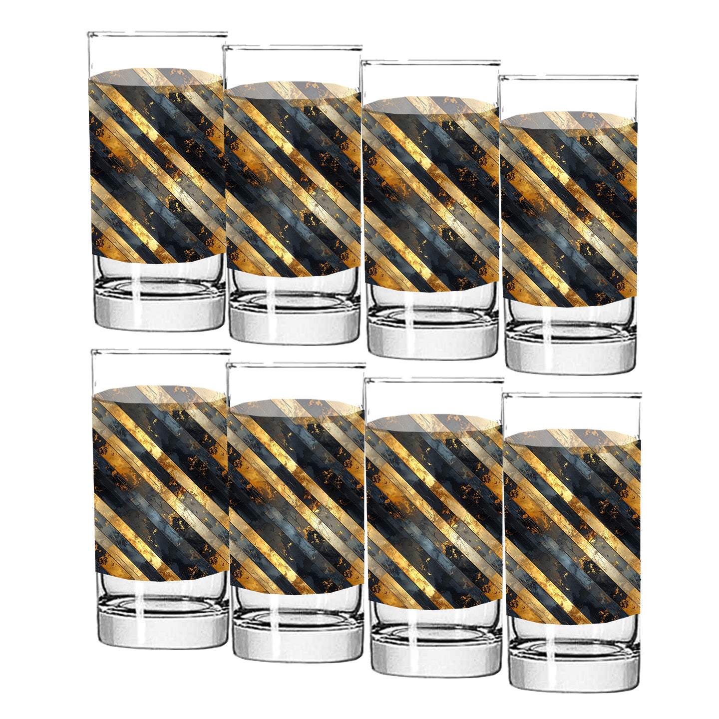 Set of six highball glasses with black and gold striped design on a white background