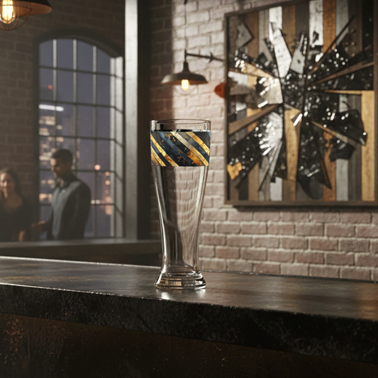Obsidian Stripes pilsner beer glass with aged striped design sitting on a bar counter with a brick wall, large art and city views in the background
