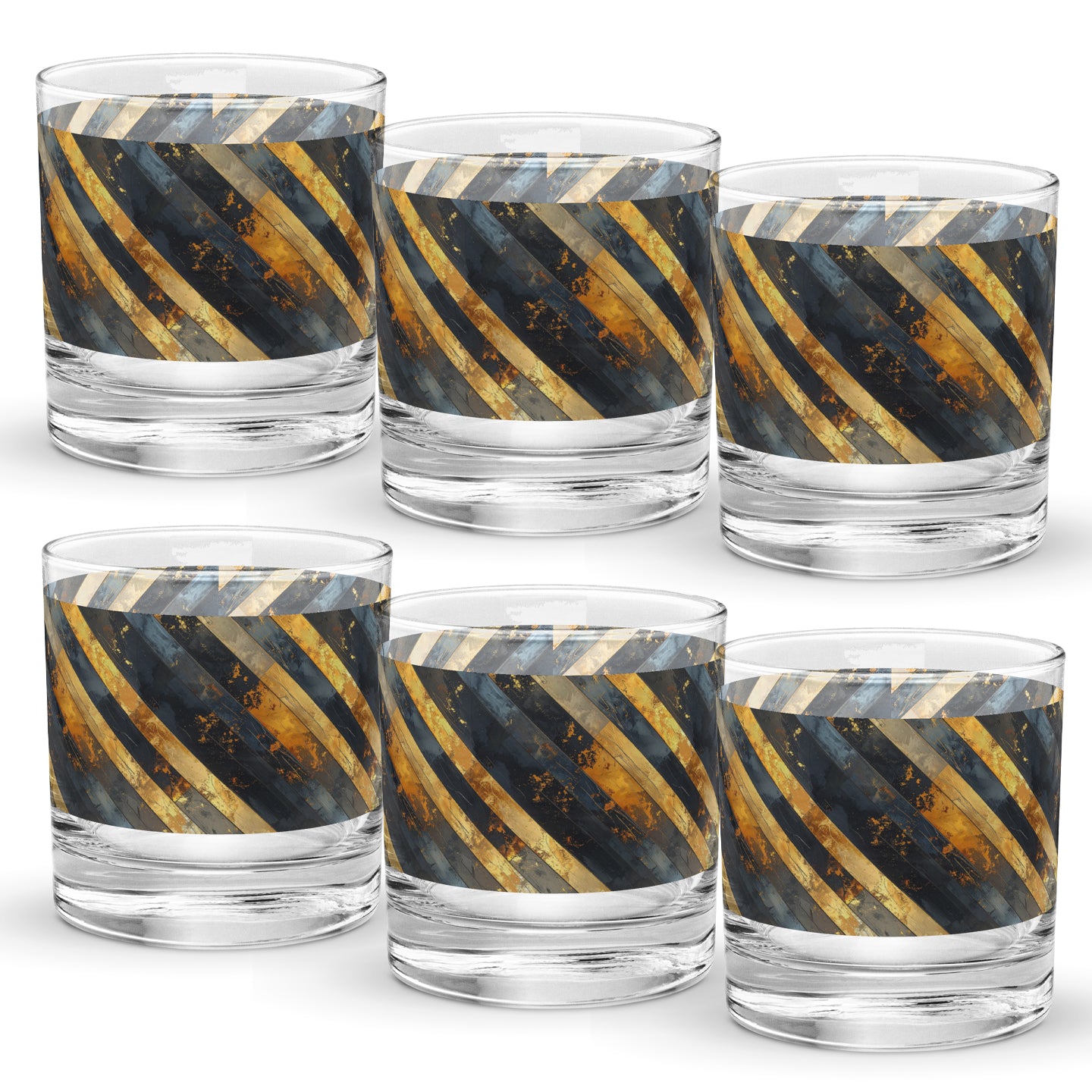 Set of six rock glasses with black and gold striped design on a white background