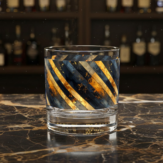 Rocks glass with gold and black stripes on a marble surface with blurred bar backgrounds