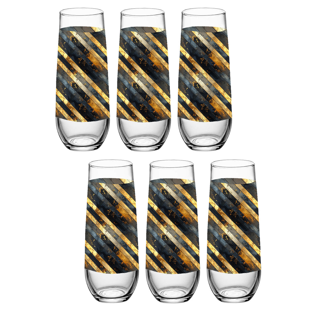 Set of six stemless flutes with black and gold striped design on a white background