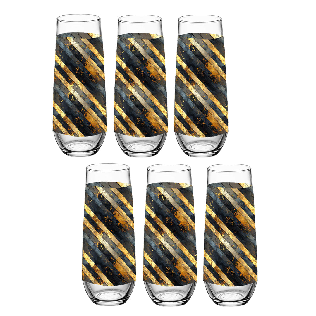 Set of six stemless flutes with black and gold striped design on a white background
