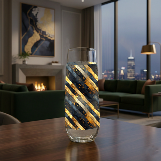 Obsidian Stripes stemless champagne glass with gold and black diagonal design on a kitchen counter