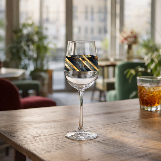 Obsidian Stripes tall wine glass black and gold diagonal stripes on a kitchen counter