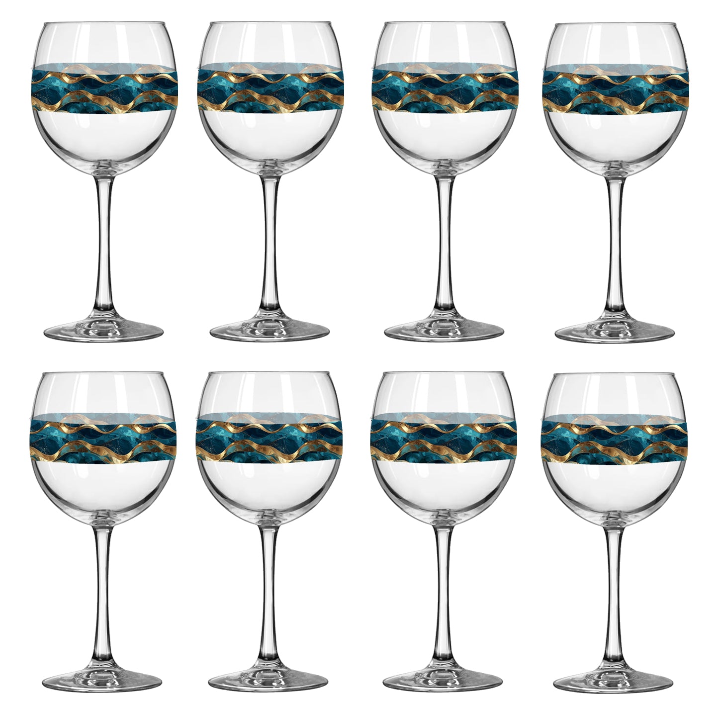 Set of eight wine glasses with decorative blue and gold patterns on a white background