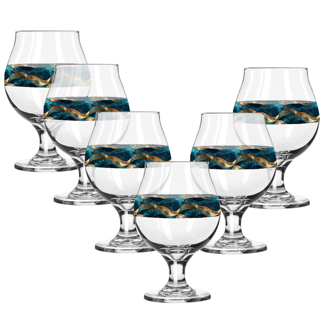 Set of six Belgian beer glasses with teal and gold wavy design on a white background