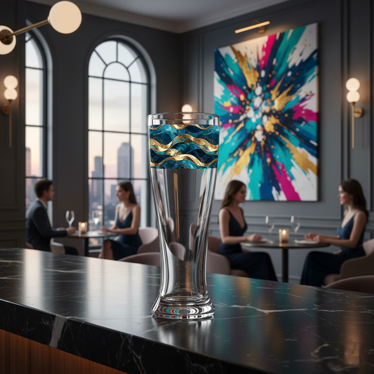Opulent Teal pilsner glass with a teal and gold wave design on a bar counter with a cityscape view, people sitting with drinks, and colorful abstract painting in the background.