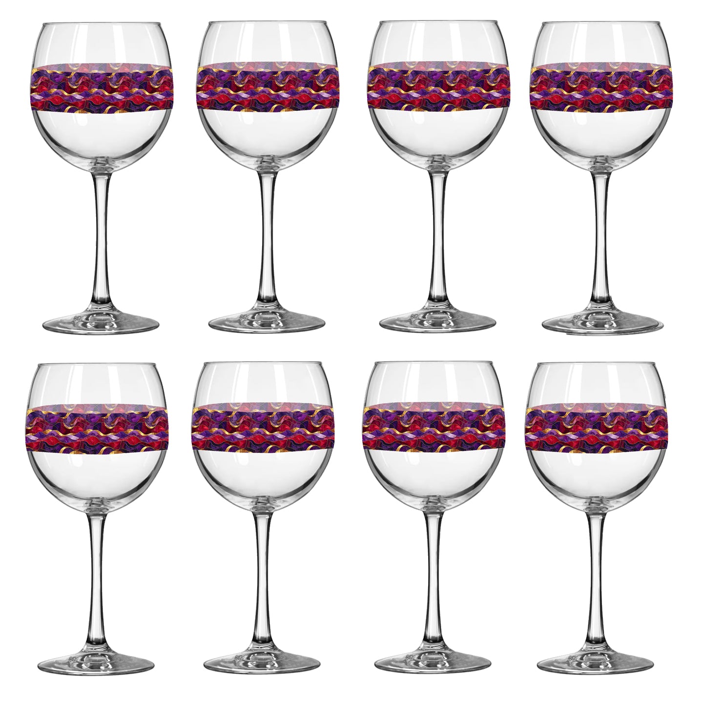 Set of eight balloon wine glasses with purple and gold wavy design on a white background