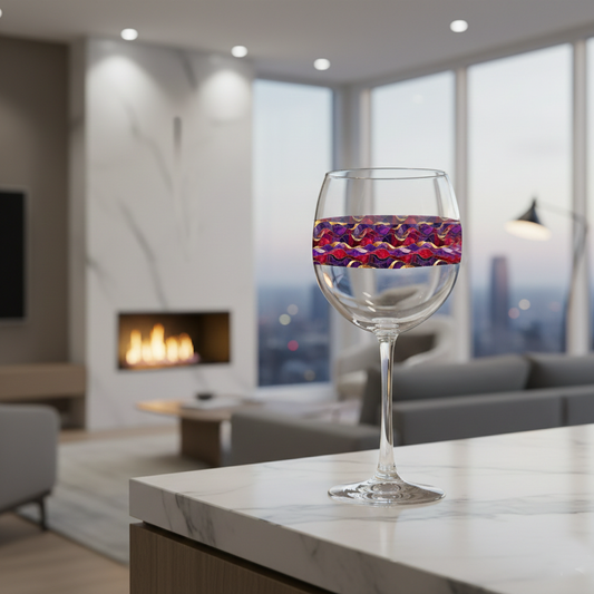 Fluid Marble balloon wine glass with purple and gold design on marble surface, and a modern fireplace, sofa, and city views in the background