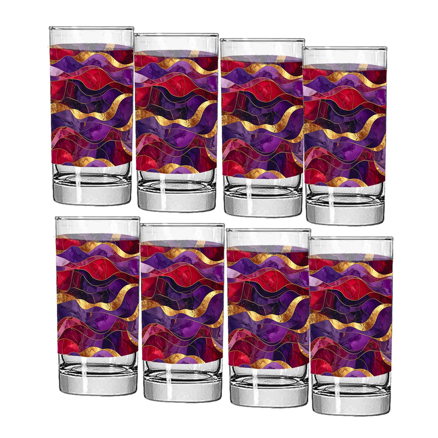Set of eight purple and gold colorful highball glasses with wavy pattern on a white background
