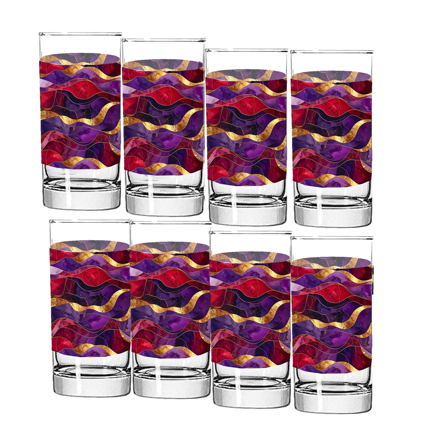 Set of eight purple and gold colorful glass tumblers with wavy pattern on a white background